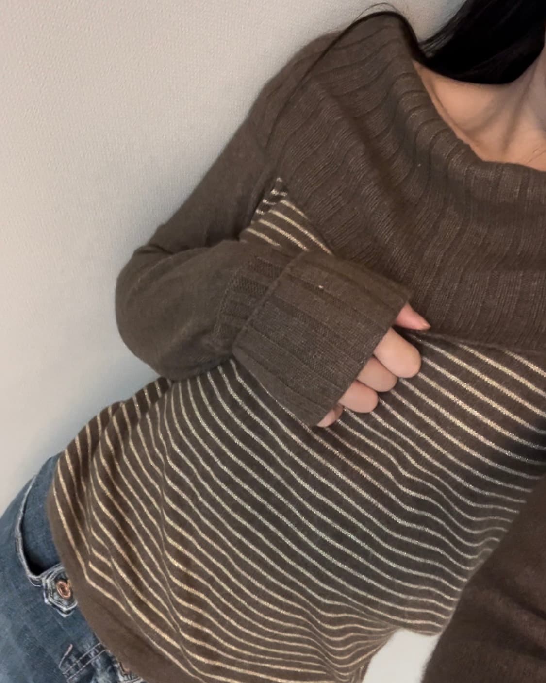 brown stripe off shoulder two way knit 상품이미지6