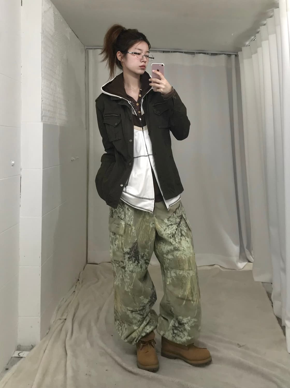 빈티지 카키 브라운 스트릿 오리엔탈 코디 세트 상품이미지1