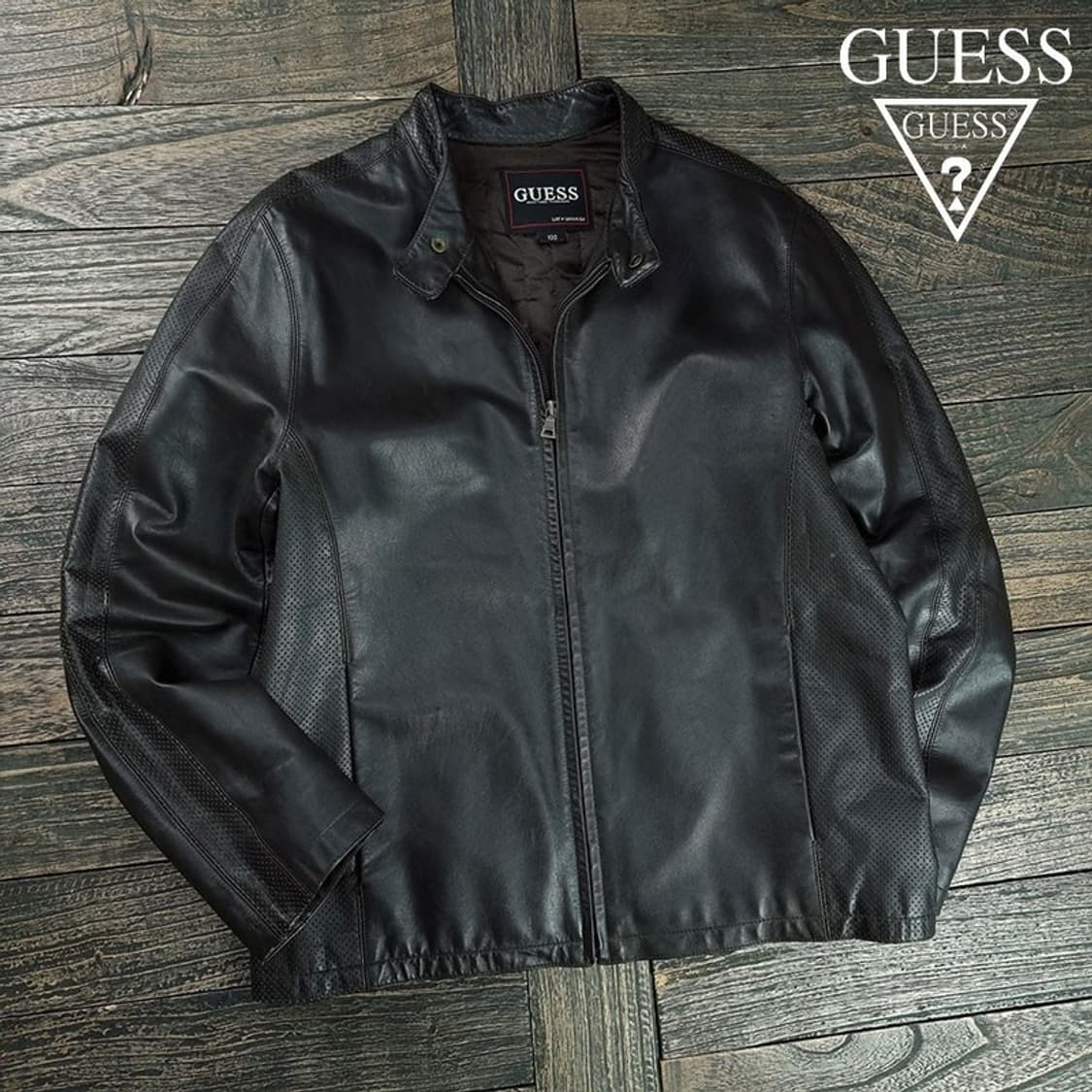 [게스] 리얼 카우 레더 소가죽 싱글 집업 레더 자켓 블랙 M19168 상품이미지1