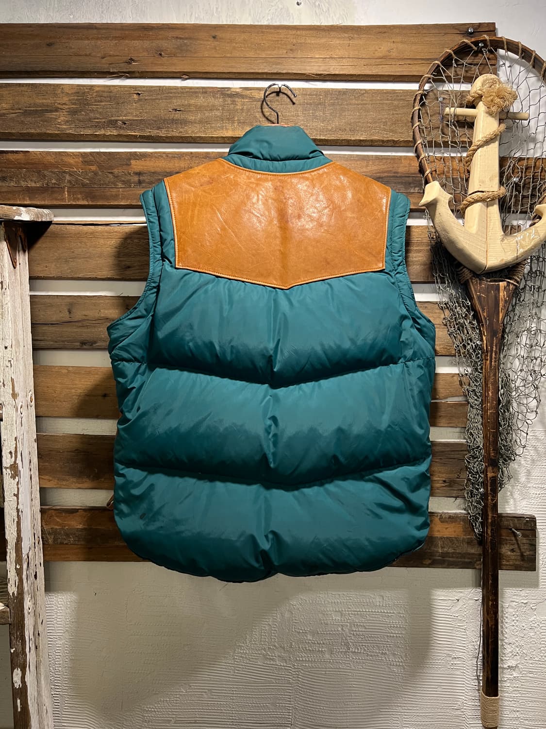 [M]90's 쇼트 USA Made 레더 베스트 분리형 그린 다운 패딩 상품이미지8