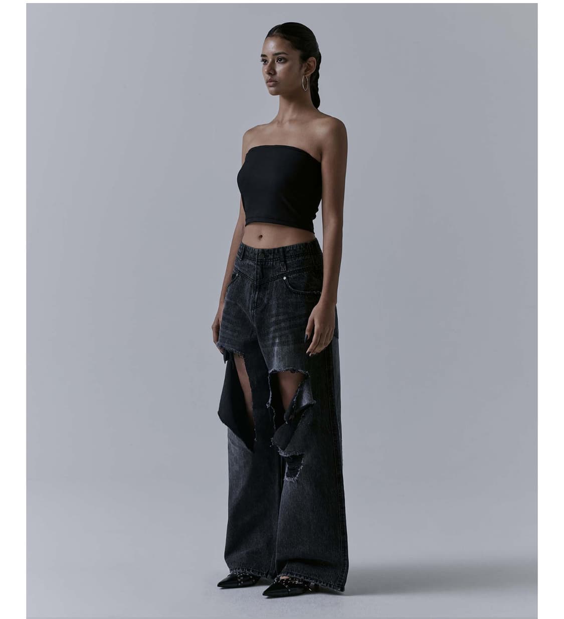 트리밍버드 플립 컷아웃 데미지 데님팬츠 블랙 2사이즈 상품이미지2