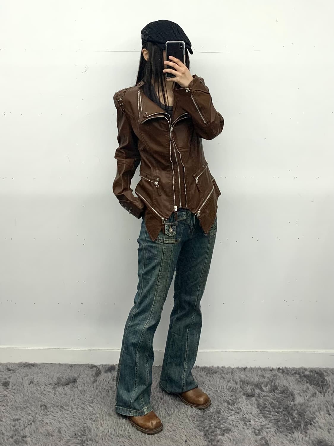 브라운 레쟈 절개 커팅 라이더 자켓 상품이미지2