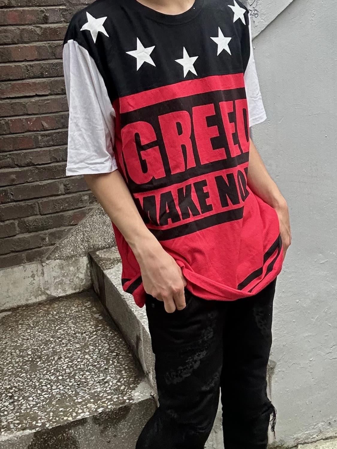 빈티지 GREED 스타 프린팅 레드&블랙 티셔츠 상품이미지1