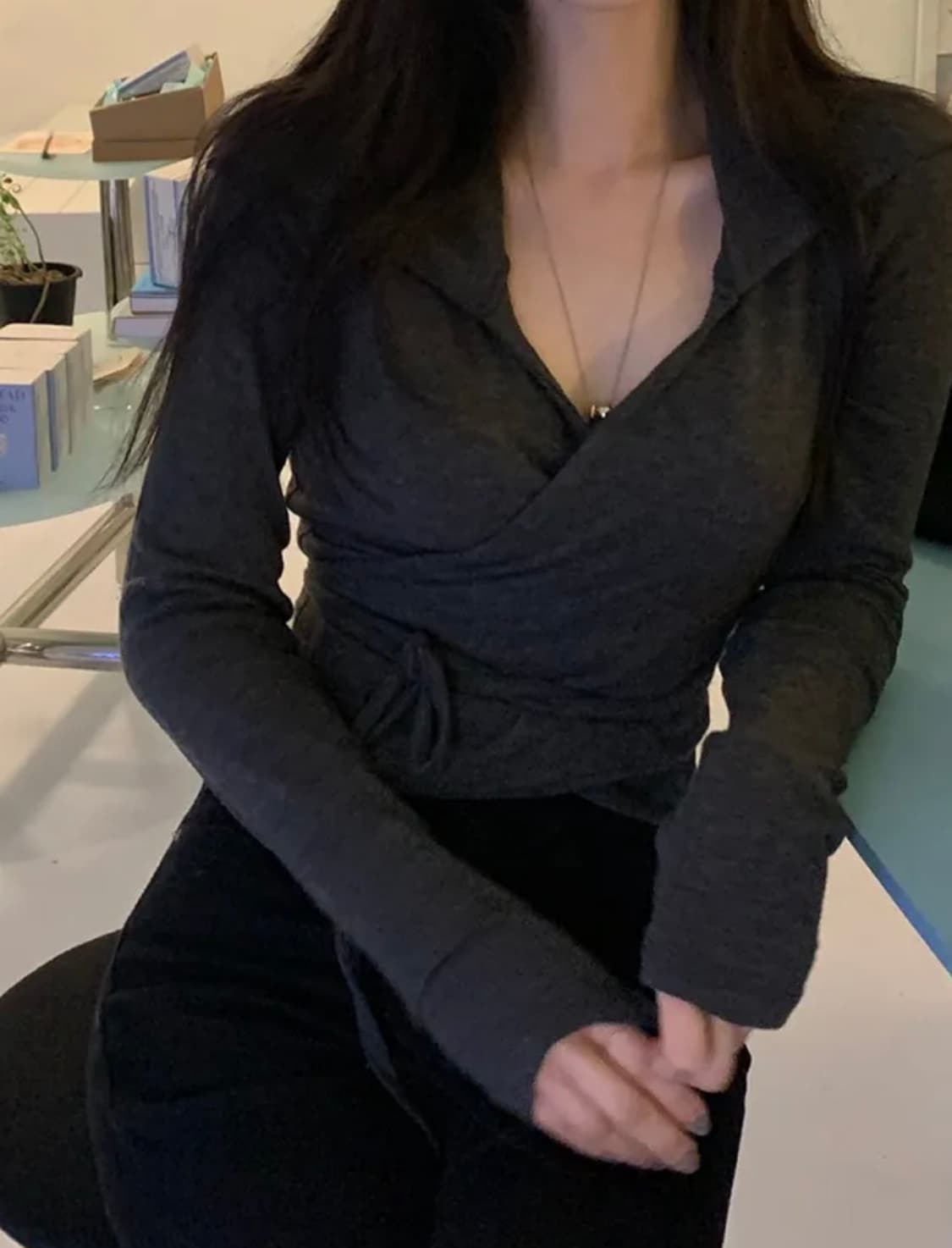 앙고라 브이넥 랩 카라 가디건 티셔츠 상품이미지1