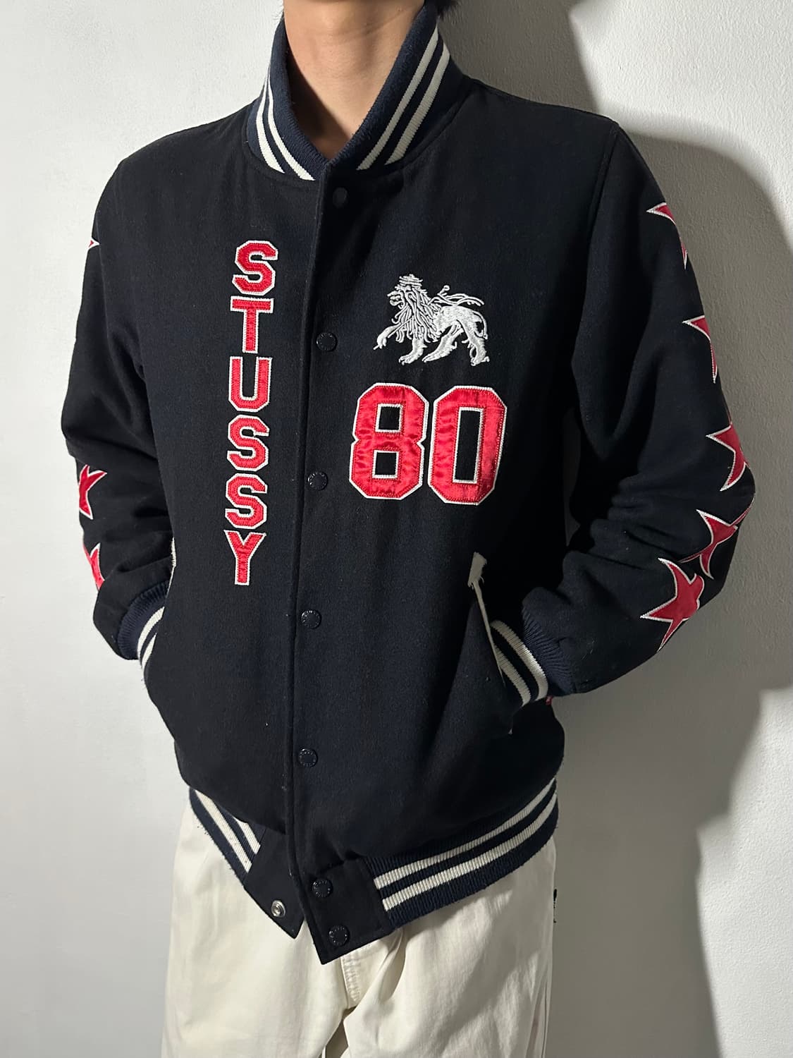 (90s) Stussy Rasta Lion Varsity Jacket 상품이미지1