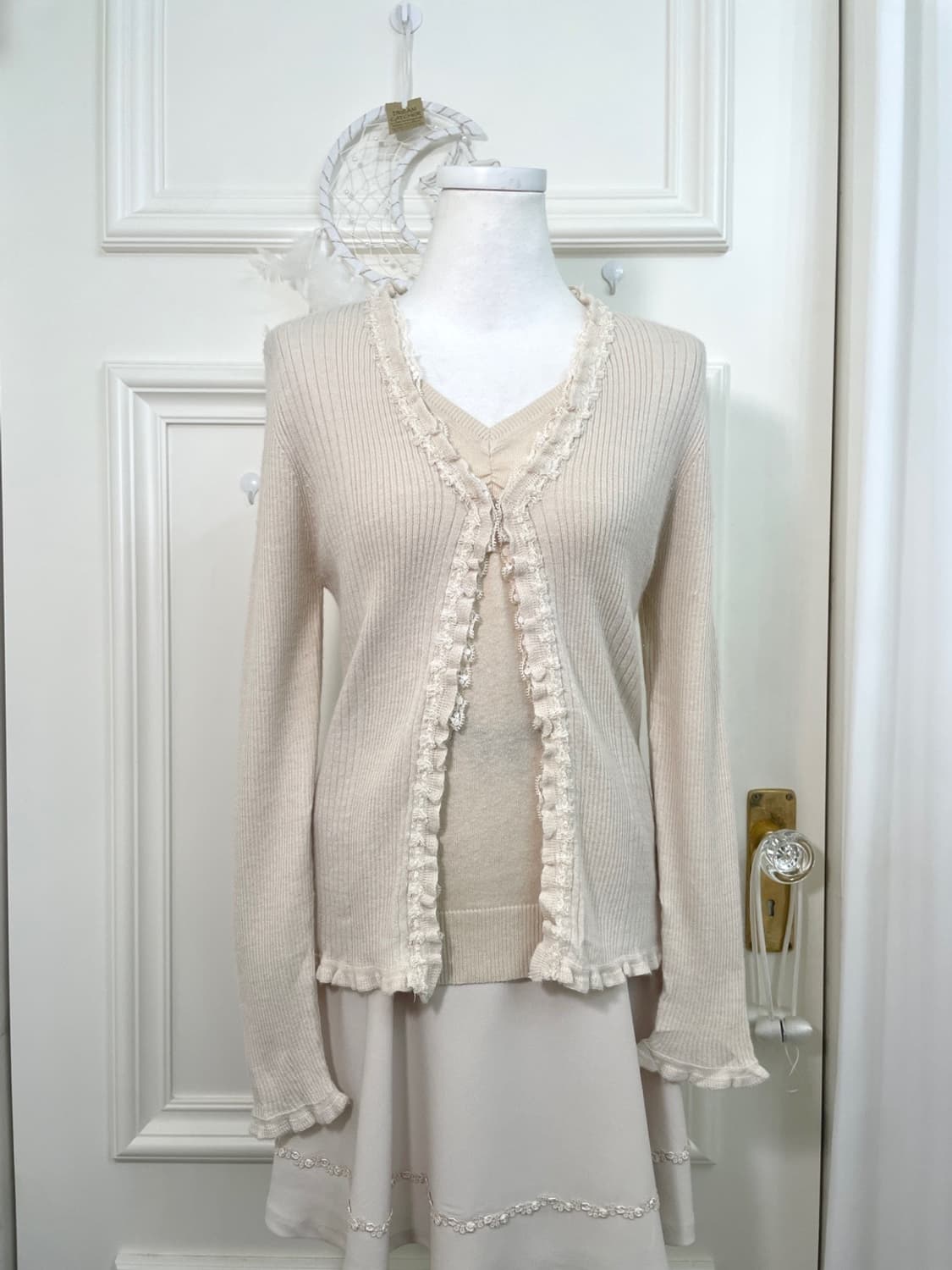 ivory lace bow point rib cardigan 상품이미지1