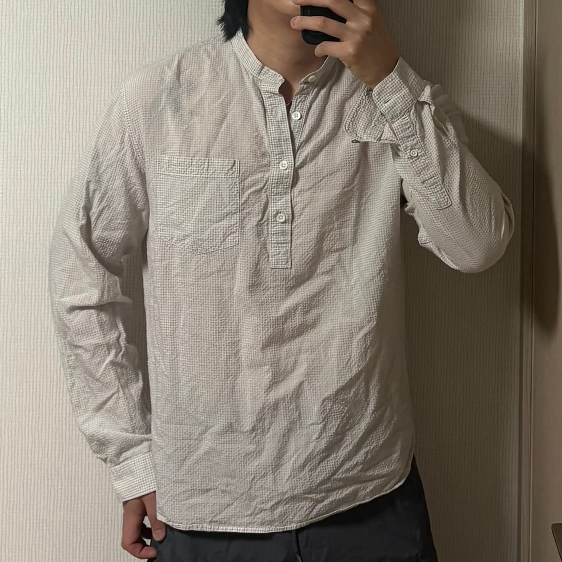 정품 커스텀멜로우 시어서커 헨리넥 베이지 체크 셔츠 상품이미지1