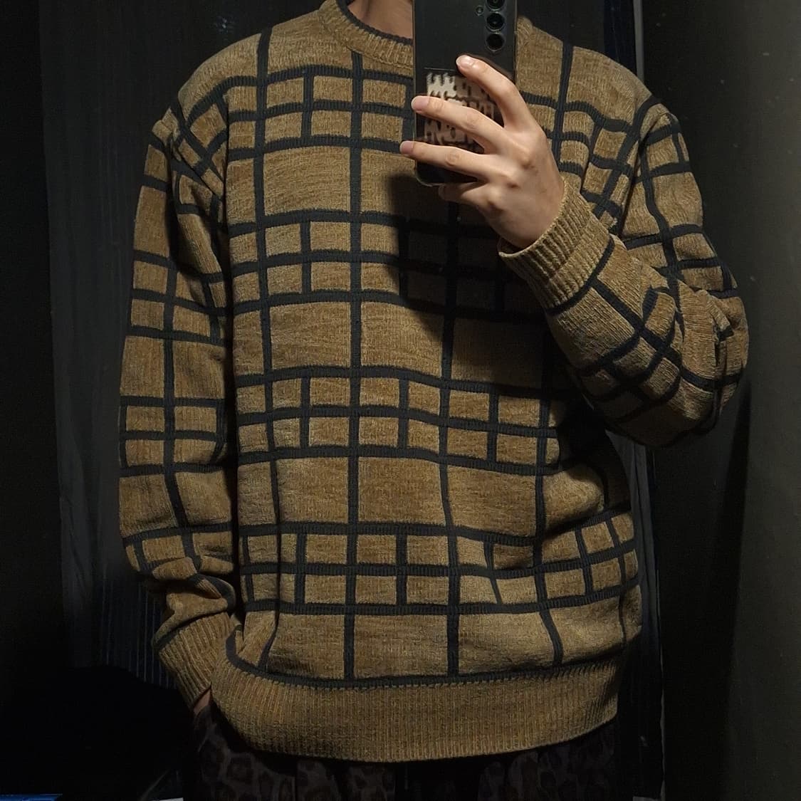 BILLY 베이지 그레이 스퀘어 패턴 아메카지 라운드넥 니트 L 상품이미지1