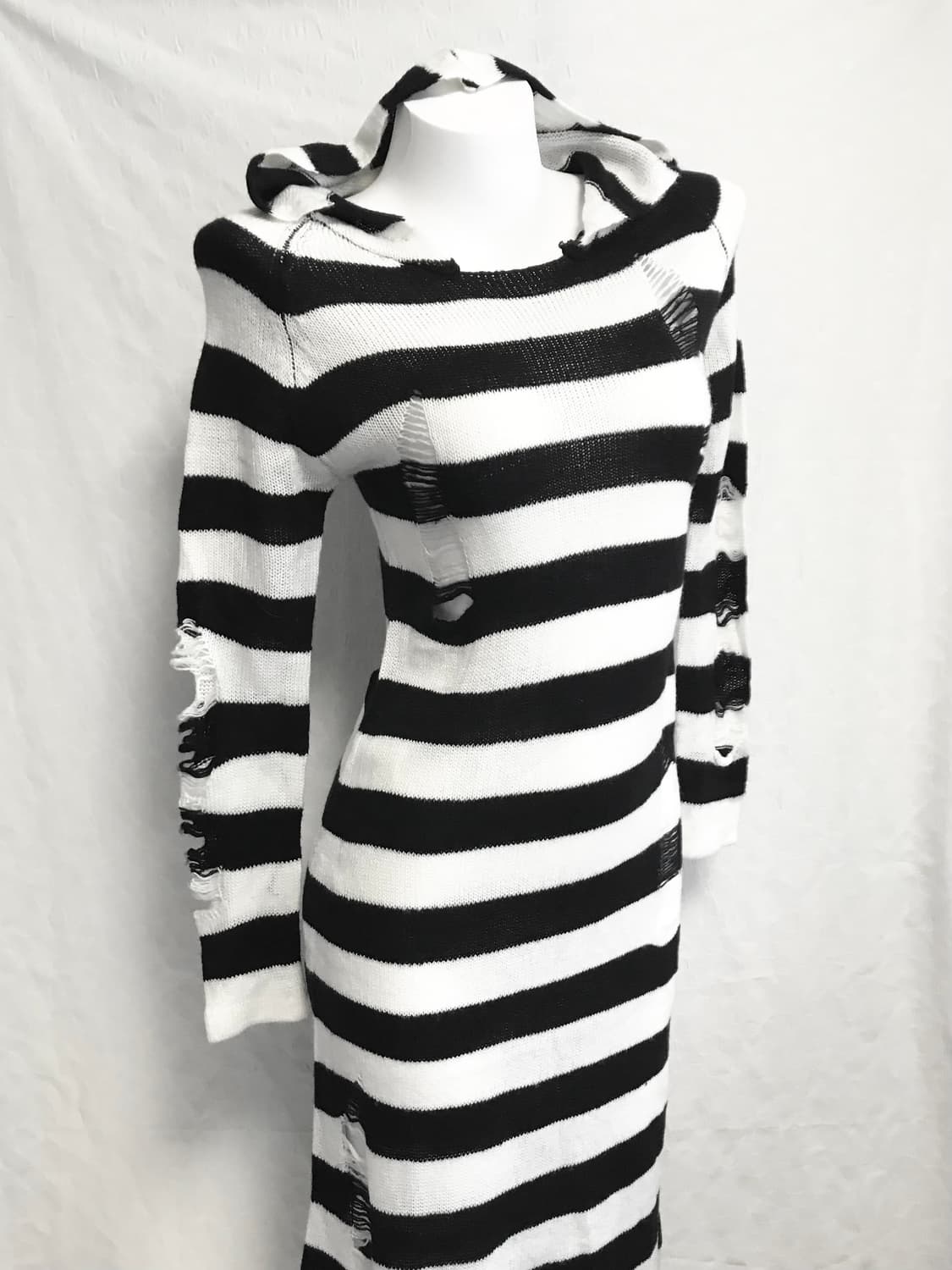 빈티지 펑크 데미지 스트라이프 후드 니트 원피스 상품이미지3