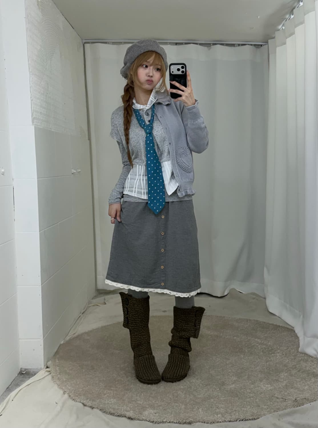 그레이 도트 러블리 니혼진 뜨개 가디건 코디세트 상품이미지2