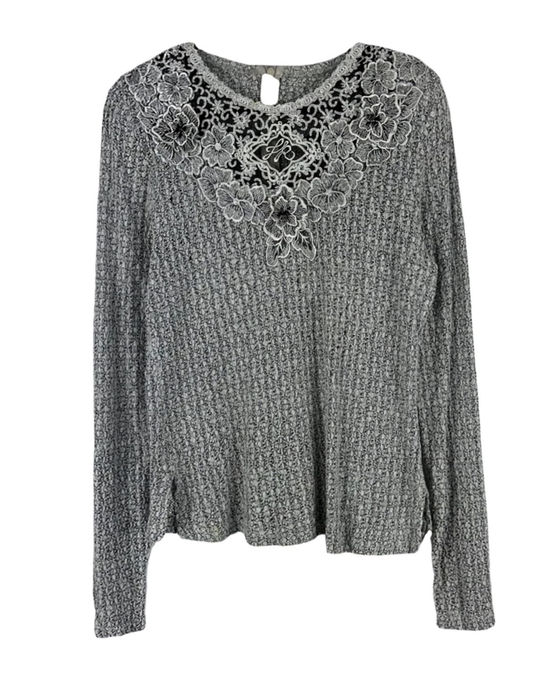 레이스 패턴 장식 회색 니트 긴팔 티셔츠 상품이미지1