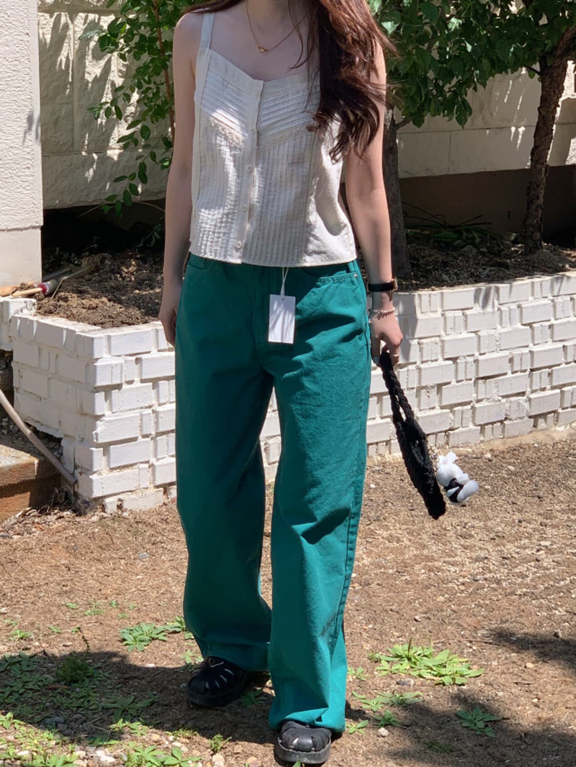 어베인 그린 코튼 와이드팬츠 면바지 상품이미지2