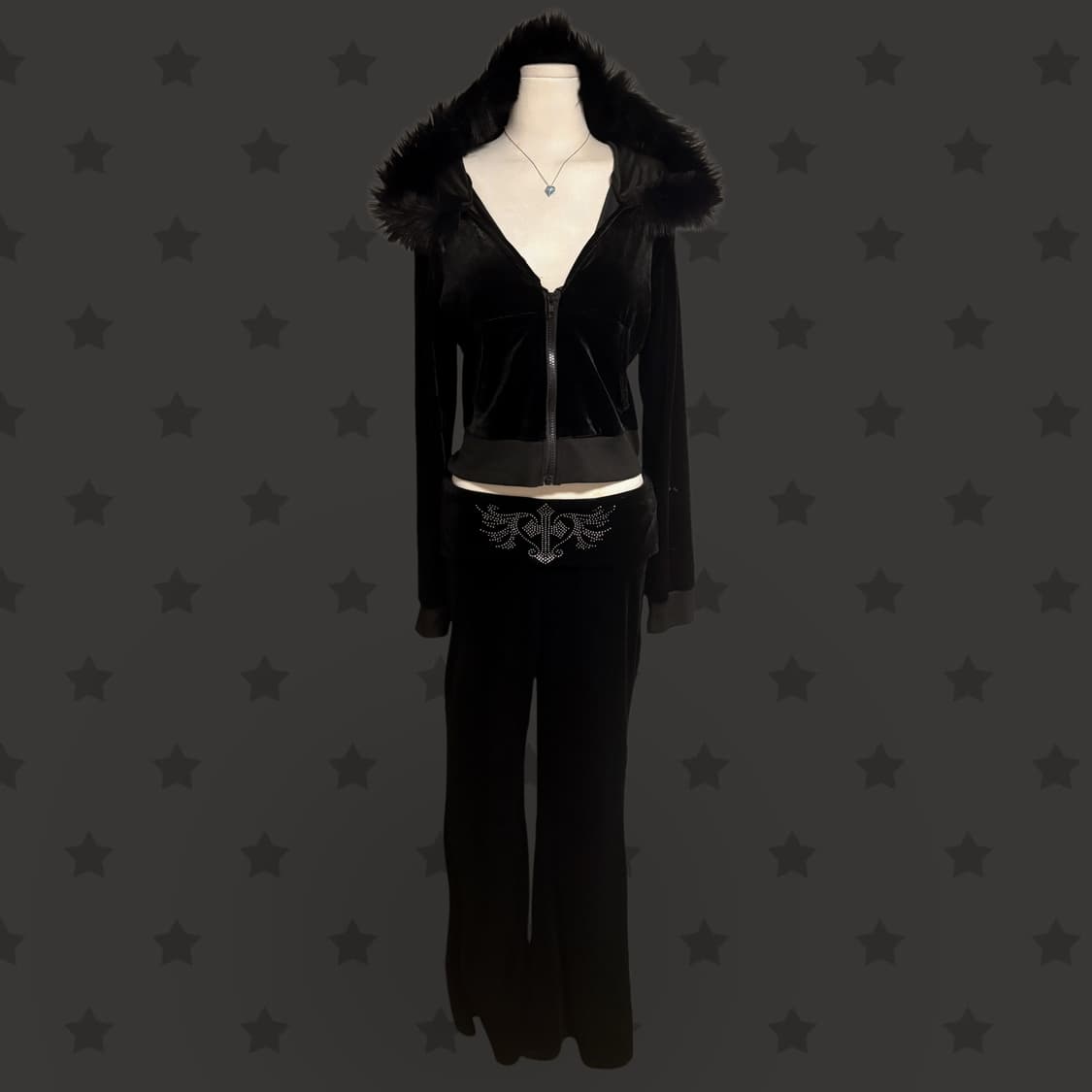 펑크 갸루 블랙 큐빅 디테일 벨벳 퍼 트레이닝 세트  상품이미지1