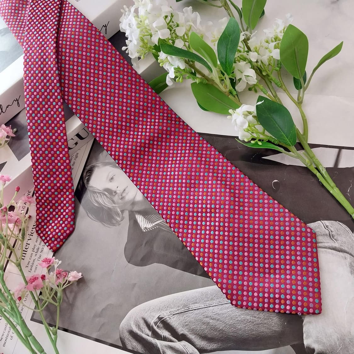 에스까다 실크 와인 도트 자수 넥타이 8.9cm S~A+등급 K2141 상품이미지4