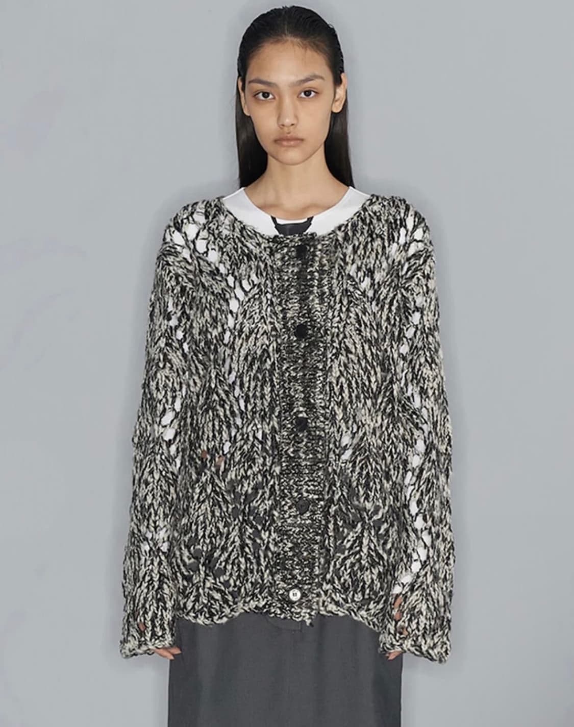 open yy ARGYLE POINTELLE CARDIGAN, BLACK 상품이미지1