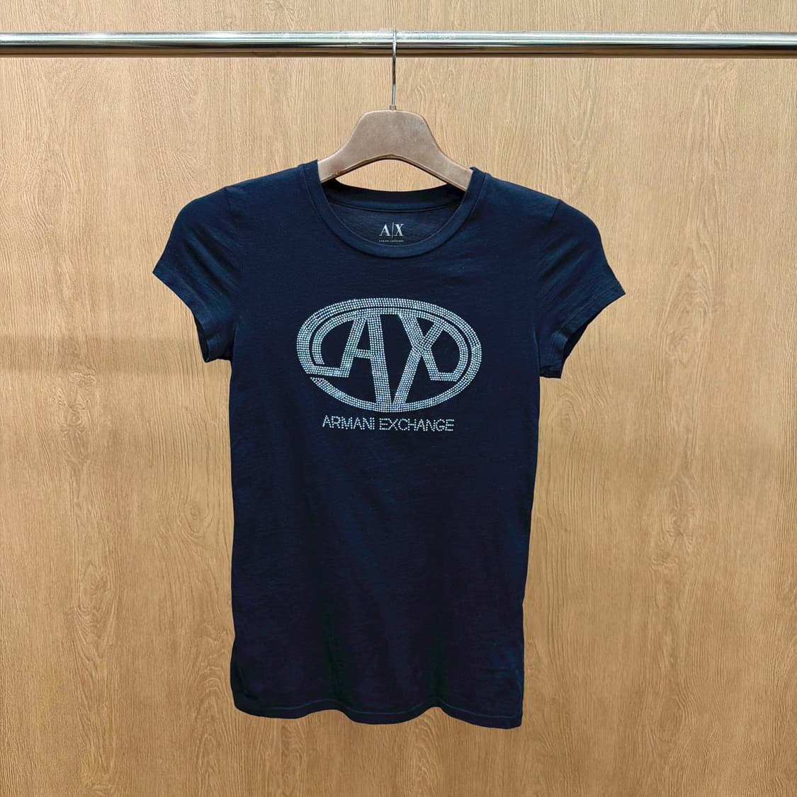 아르마니 익스체인지 캡소매 티셔츠 로고 큐빅 장식 디테일 슬림핏 네이비 상품이미지2