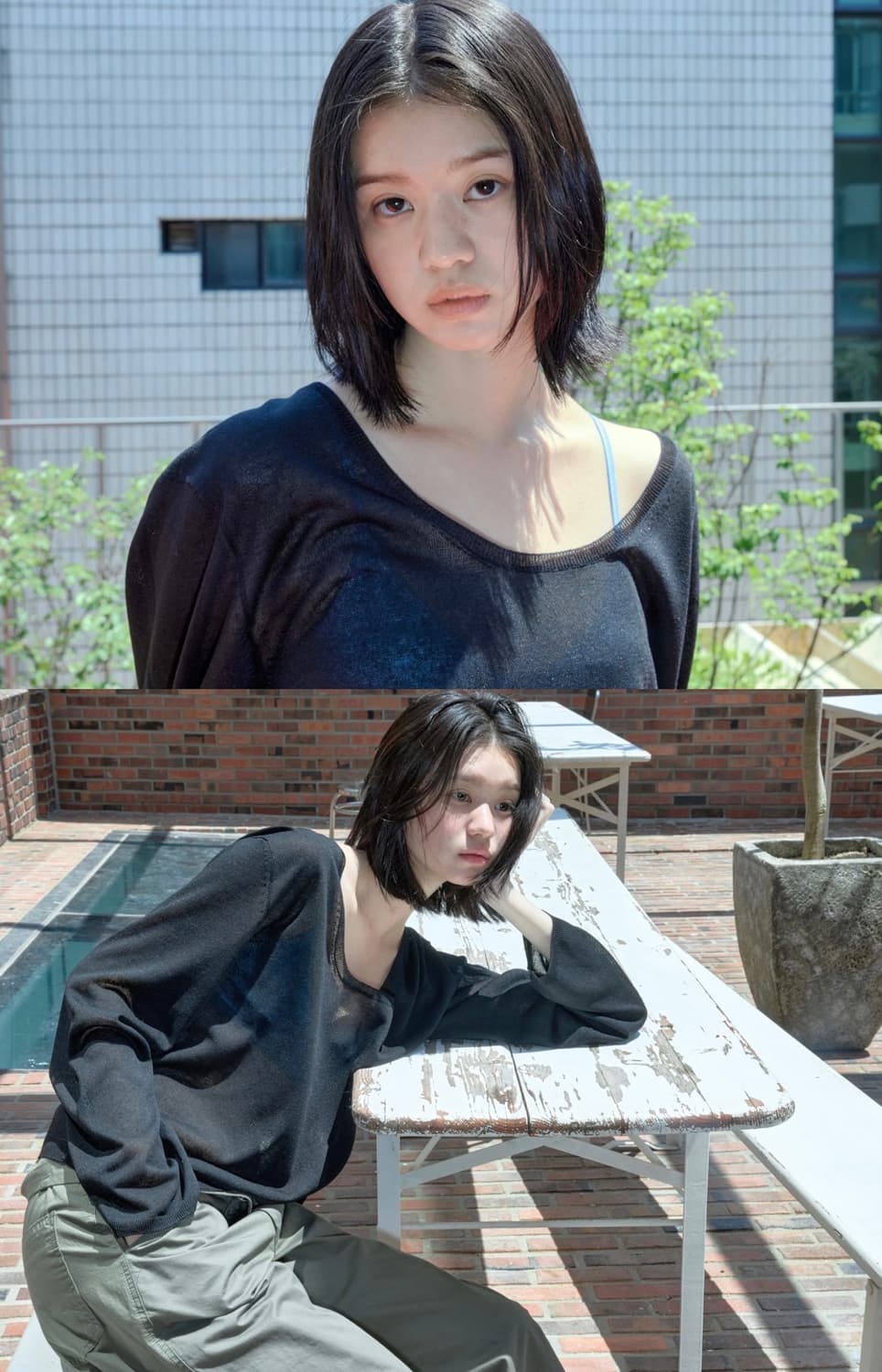 로우클래식 LC - 시어 린넨 블랜드 딥 유 넥 스웨터 (블랙 M사이즈) 상품이미지1