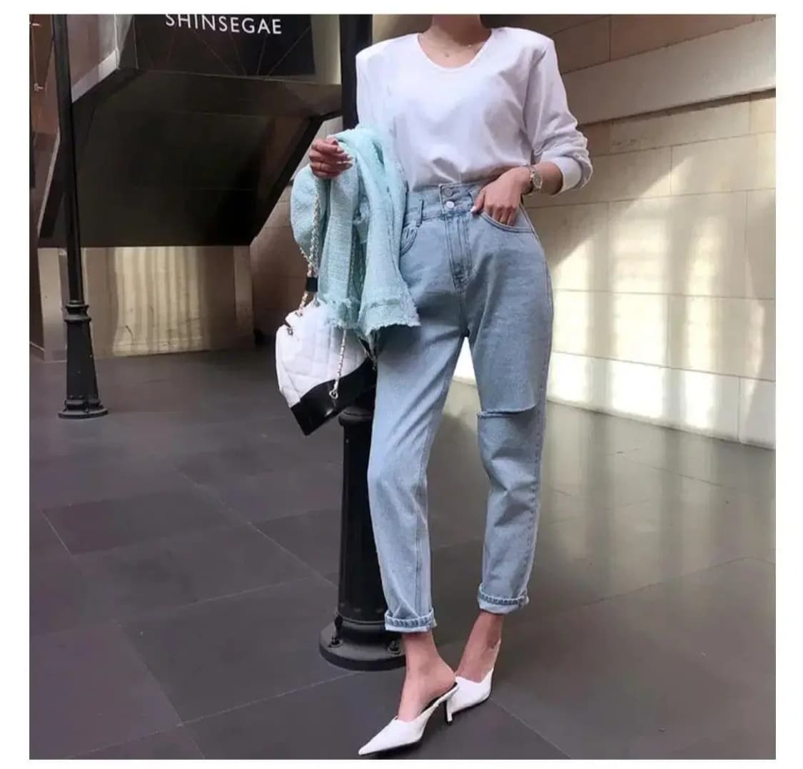 일자데님청바지팬츠찢청트임팬츠키작녀연청배기바지하이웨스트롤업바지빈티지 상품이미지2
