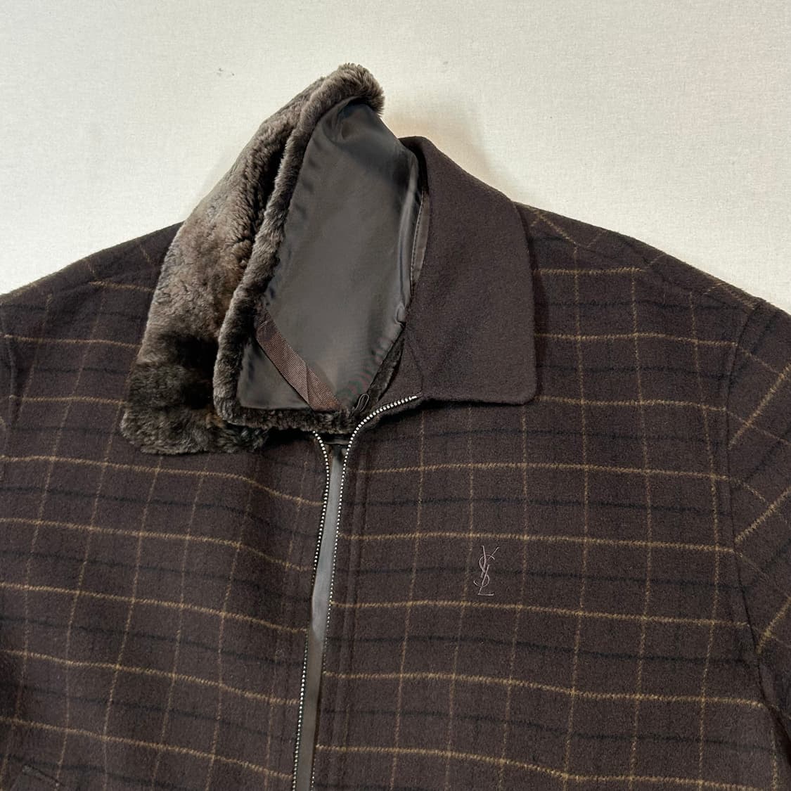 L) YSL 입생로랑 브라운 양털 퍼 울 코트 자켓 상품이미지3