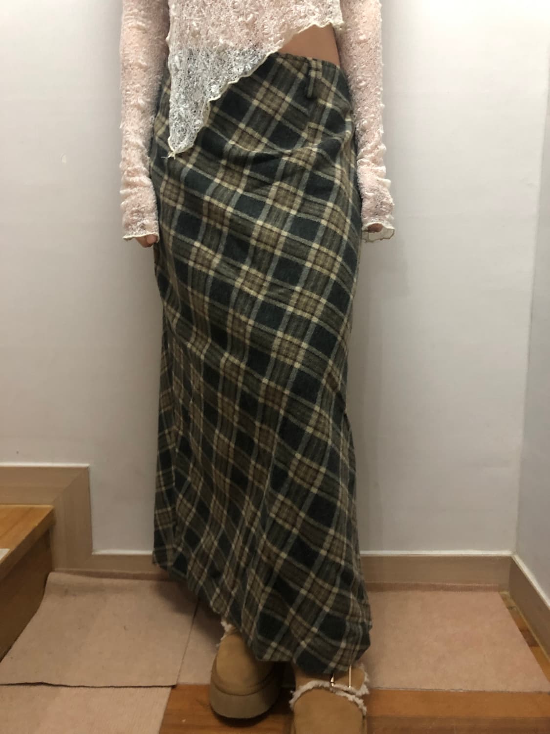 빈티지 그린 체크 울 롱 스커트 상품이미지1