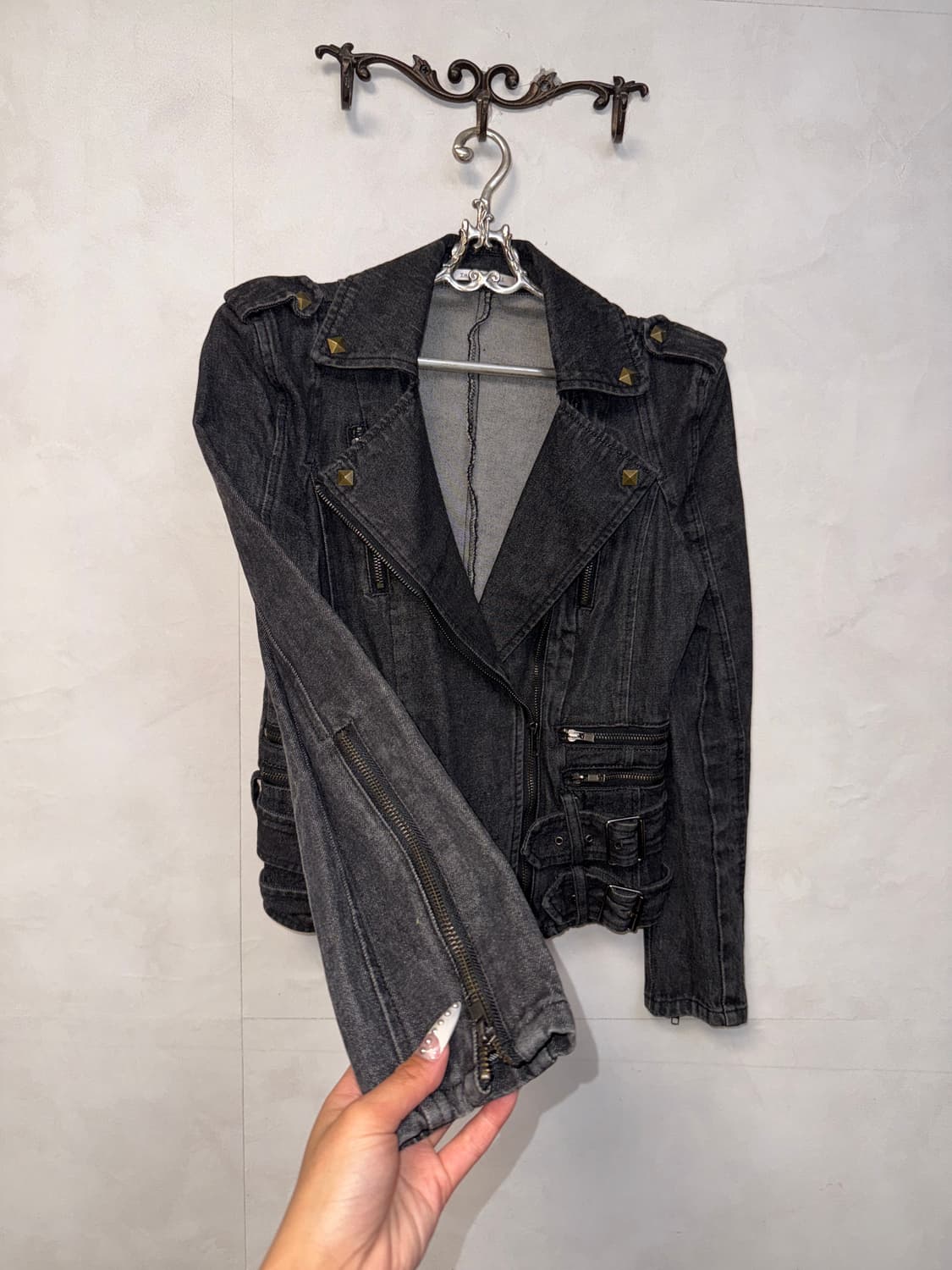 Black denim double buckle rider jacket  상품이미지4