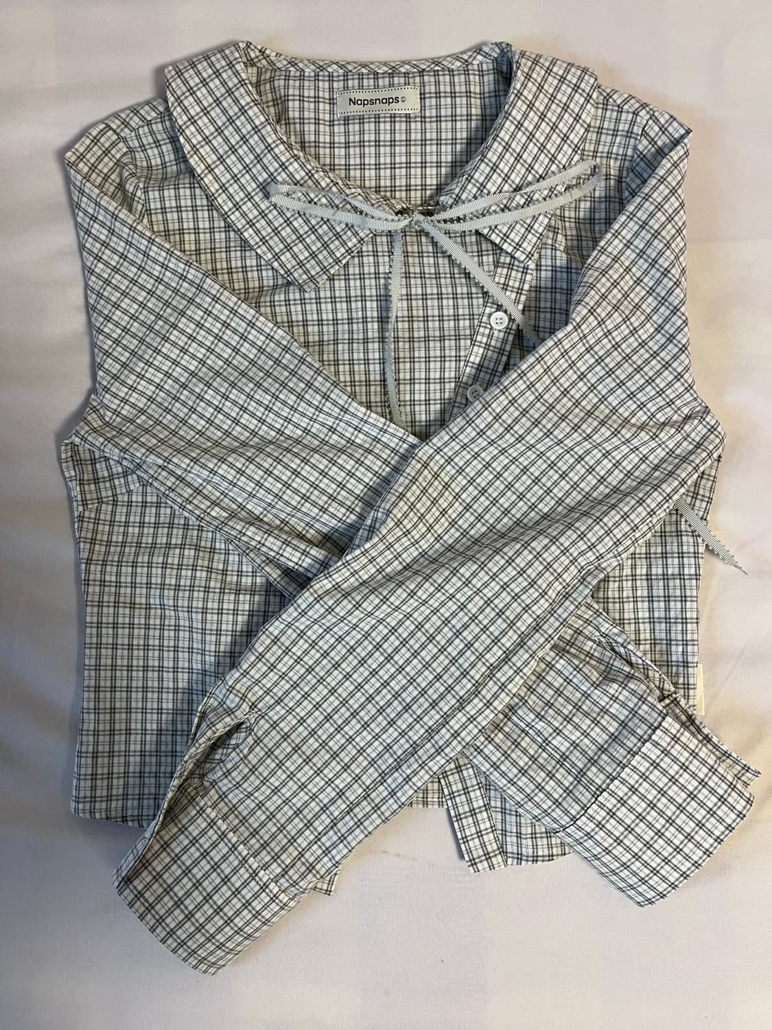 TAKEANAP napsanaps 체크 셔츠 크롭 리본 그레이 언발 상품이미지2