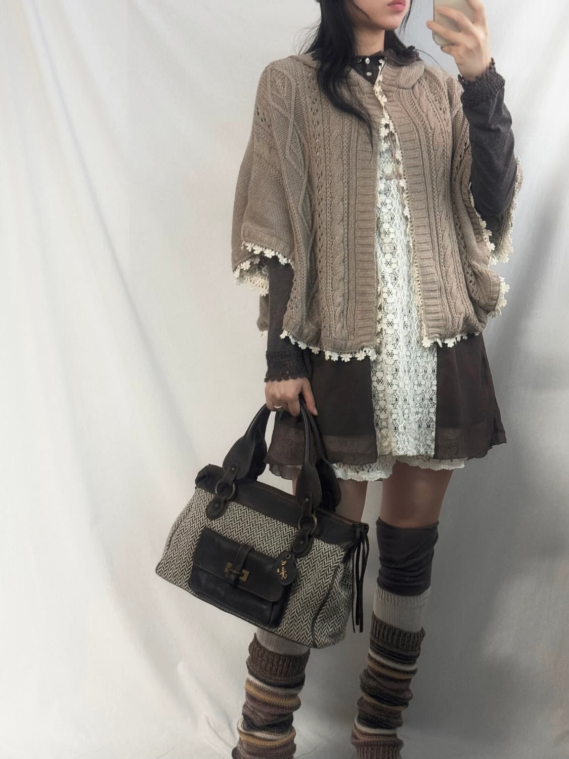 레이스 레이어드 케이블 니트 후디드 케이프 상품이미지2