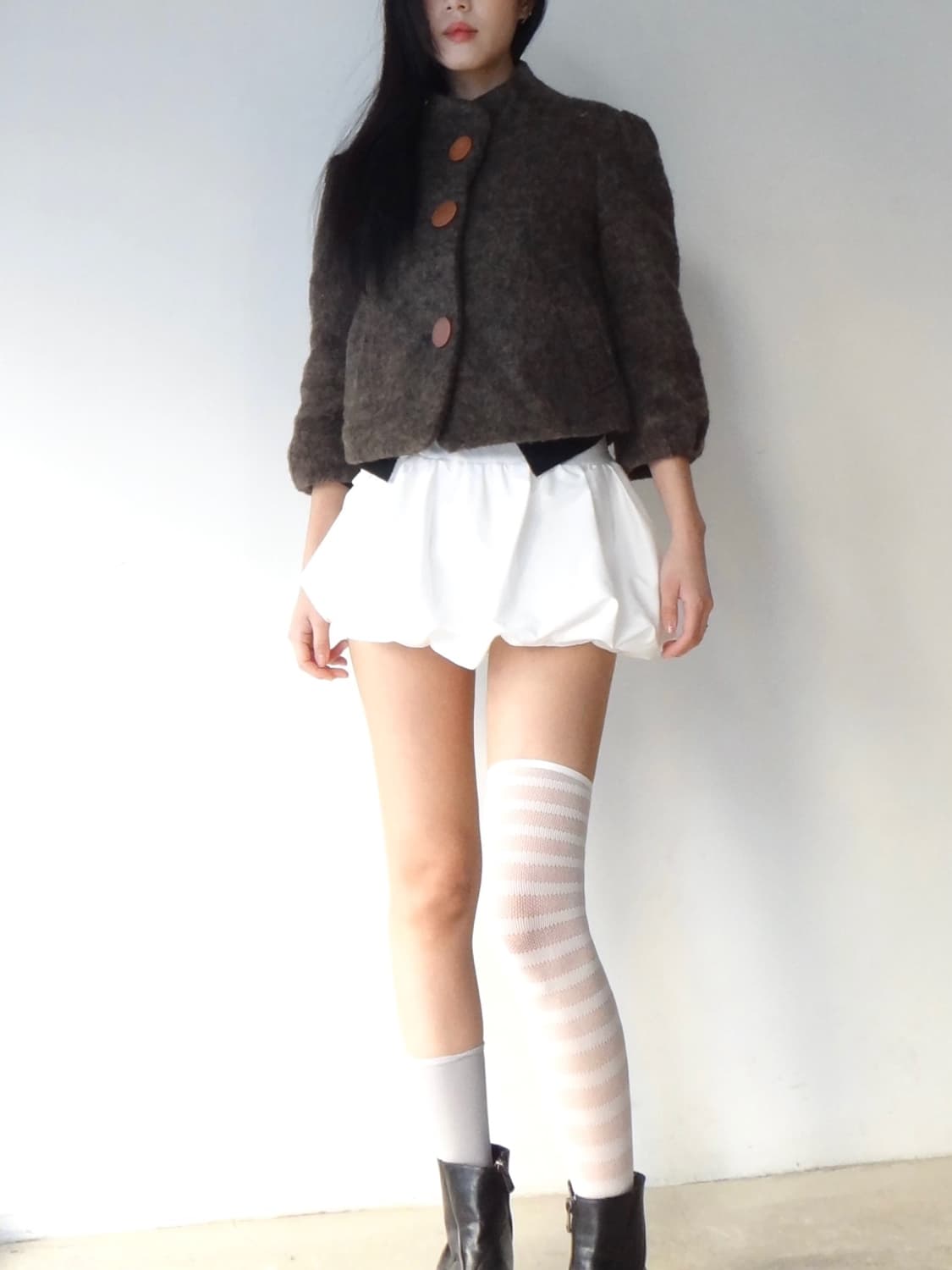 Latte semi puff short coat / brown 상품이미지7