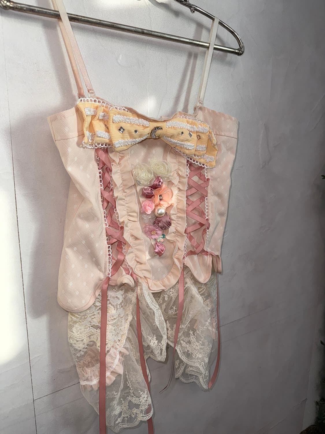 Baby pink dot flower corsage laceup 코르셋 상품이미지5