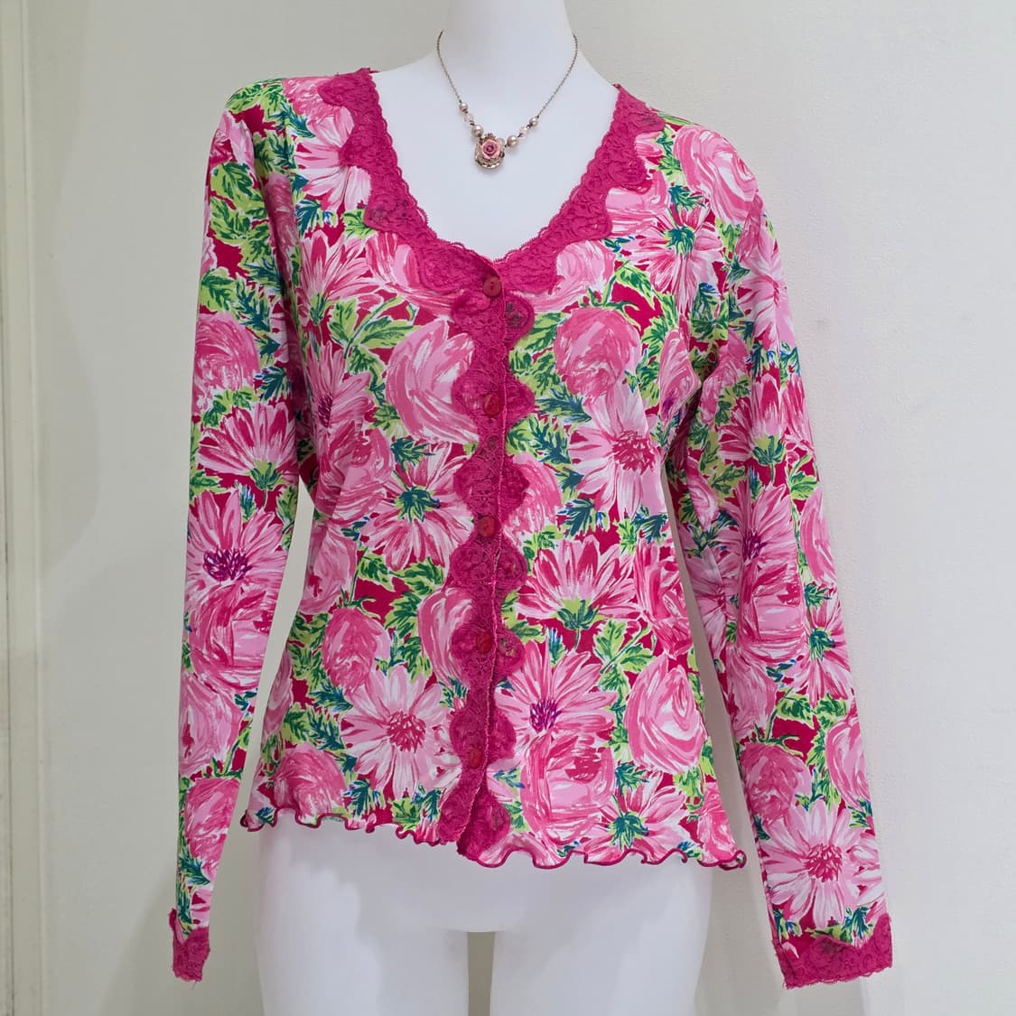 일본빈티지)핑크로즈 플로럴st 꽃무늬 y2k스즈코모리걸로맨틱 메쉬 가디건 상품이미지2
