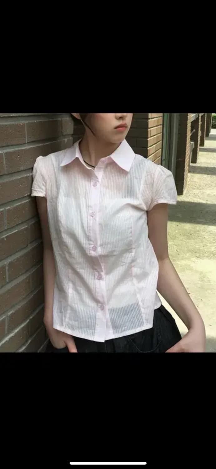 애니원모어 토렌 캡소매 카라 반팔 블라우스 셔츠 핑크 상품이미지2