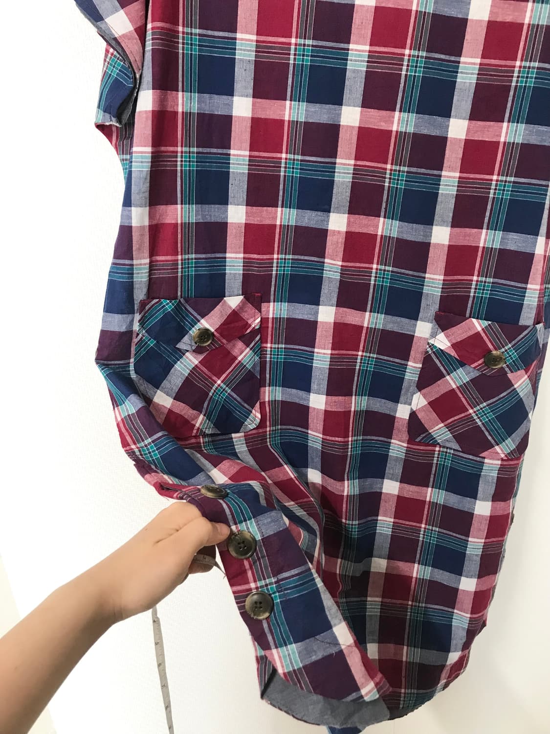 vintage check wood button pocket dress 상품이미지6