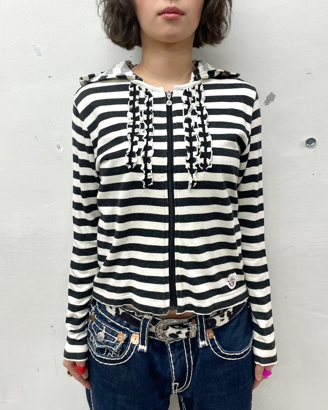 Stripe Shirring Crop Hooded Zip-Up  상품이미지2
