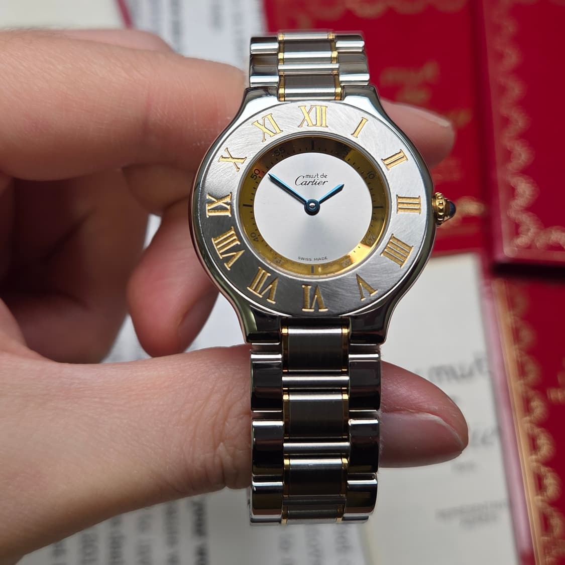 레어] 빈티지 까르띠에 머스트드 21C 콤비 남녀공용 31mm 블루핸즈  상품이미지2