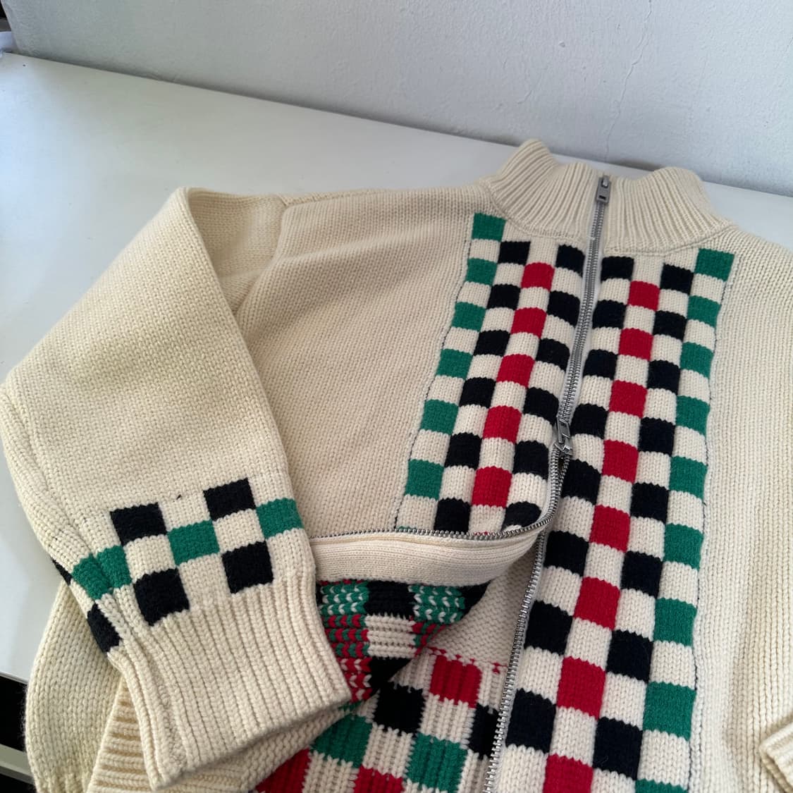 L BALLOW 아이보리 체크 투웨이 니트집업 상품이미지3