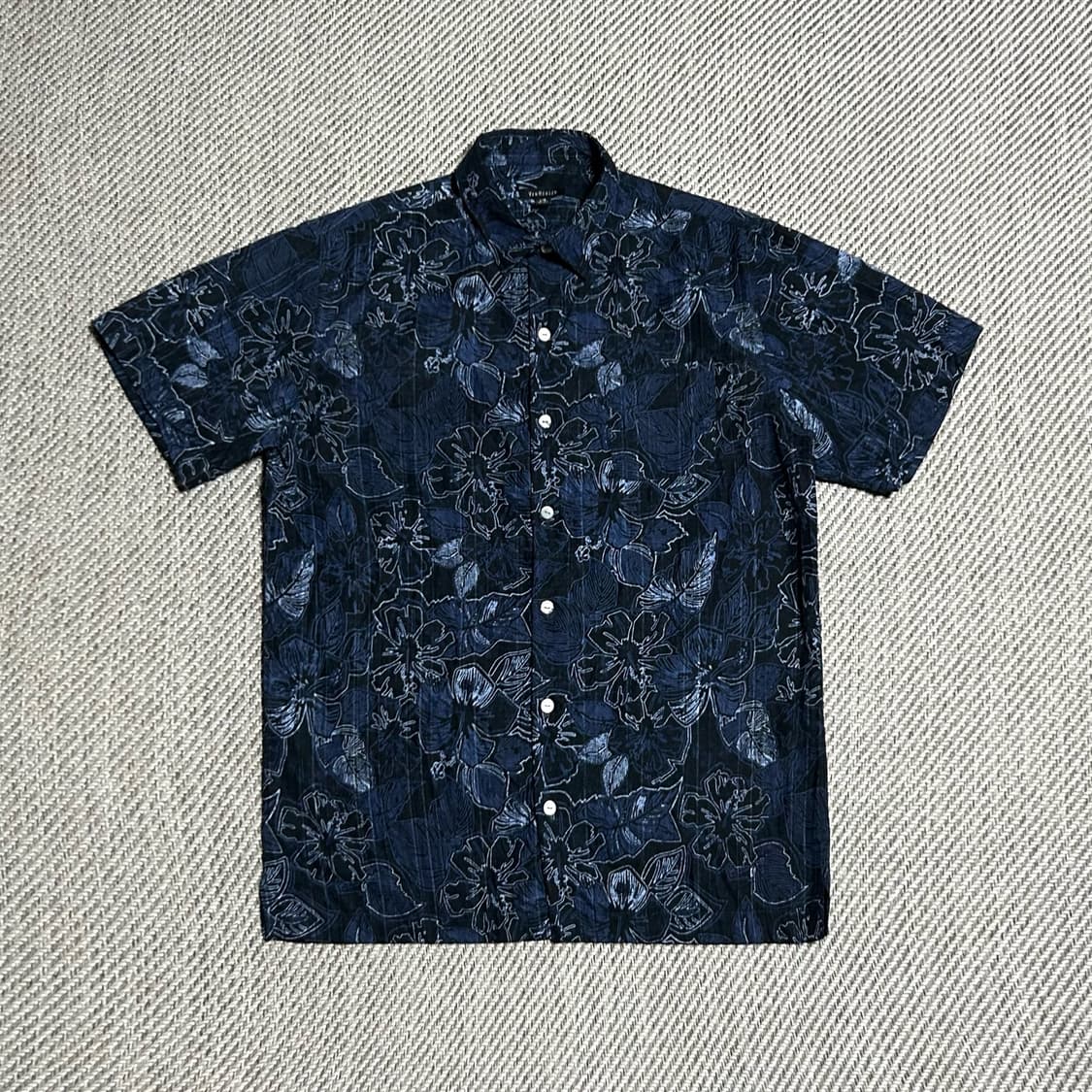 [L] Van Heusen 반휴젠 네이비 빈티지 패턴 하와이안 반팔 셔츠 상품이미지1