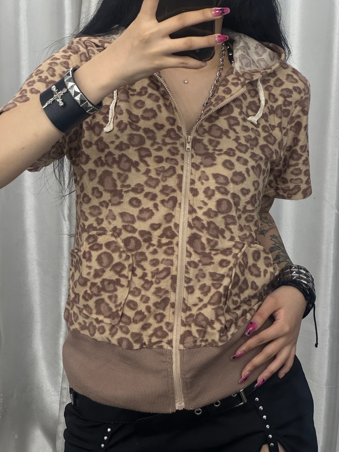 leopard hood short-sleeved zip-up 상품이미지1