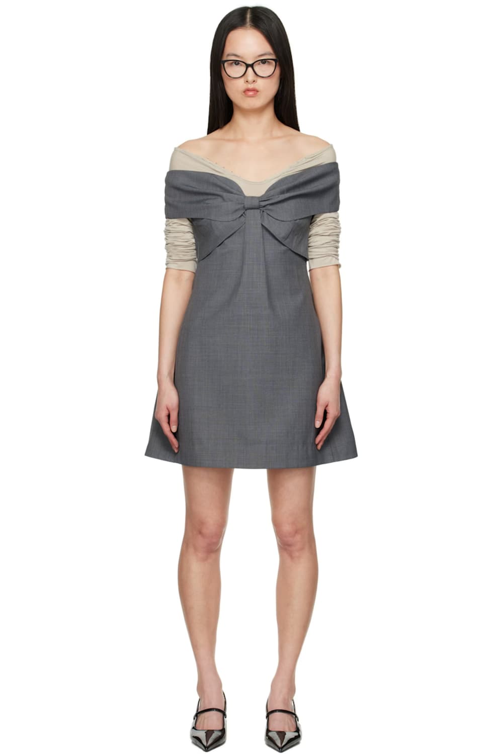 그레이 리본 오프숄더 미니 드레스 - 6 상품이미지1