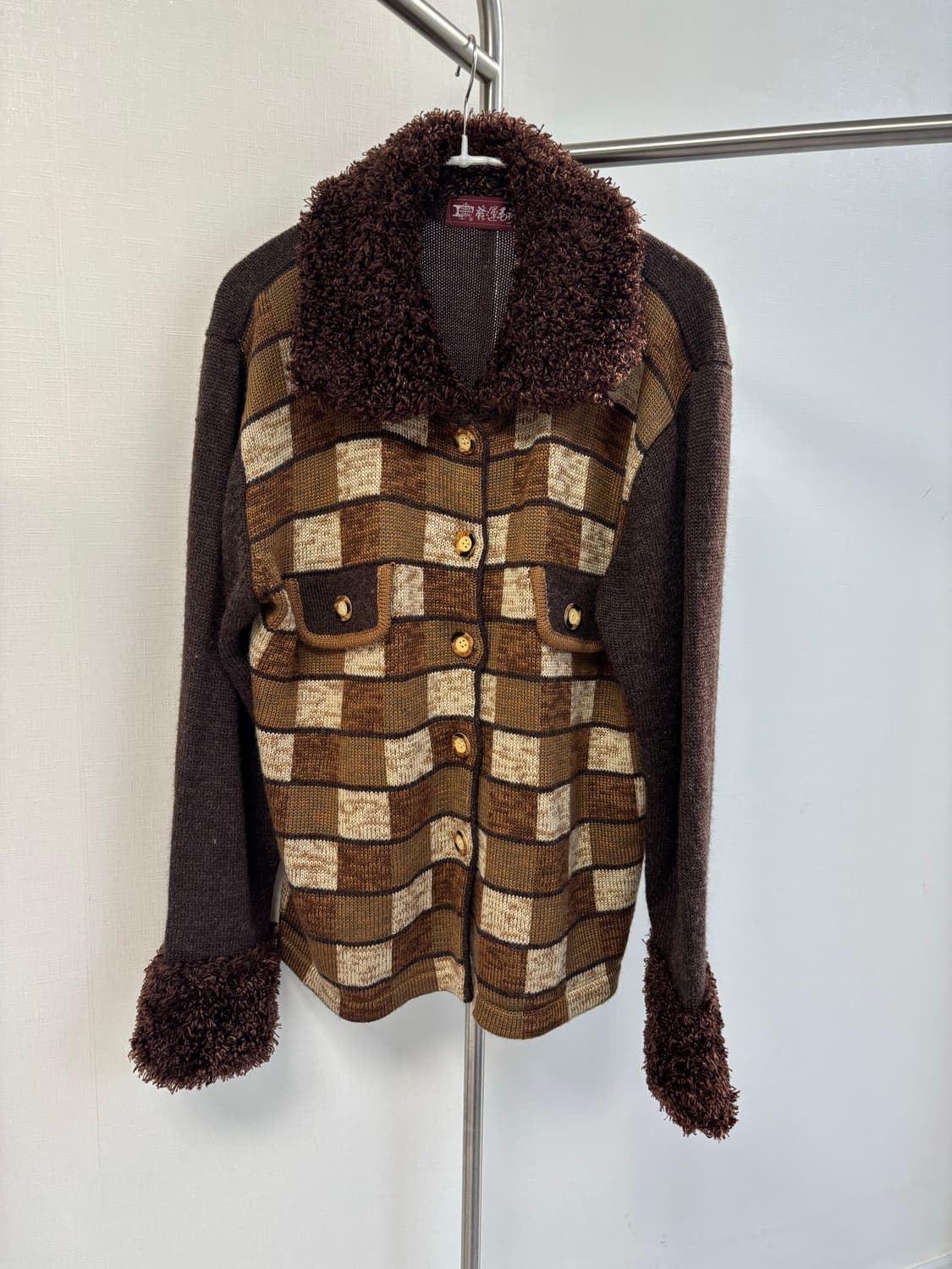 빈티지 브라운 체크보드 퍼리 가디건 상품이미지1