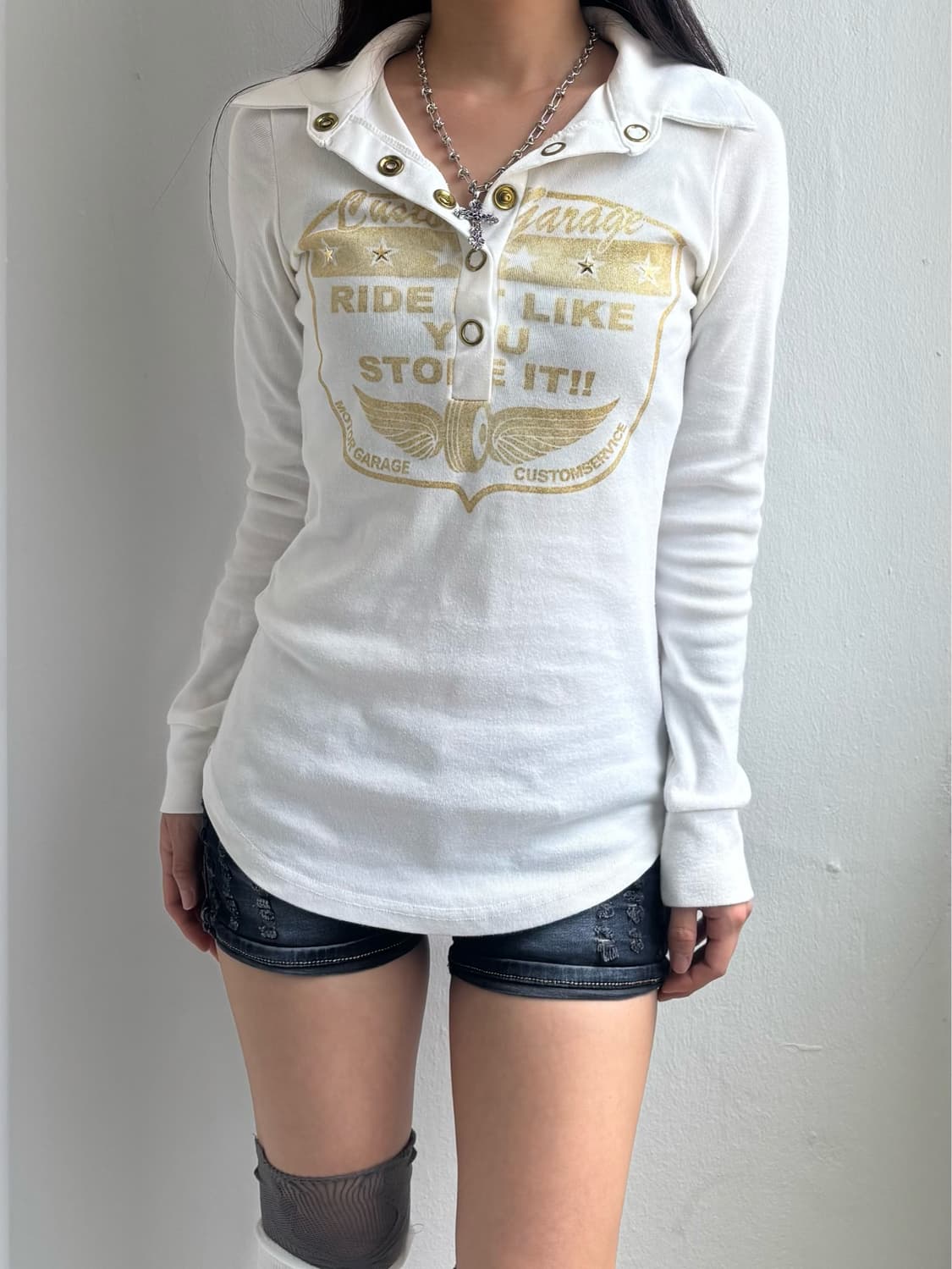 Vintage Graphic Snap Button Collared Top 상품이미지5