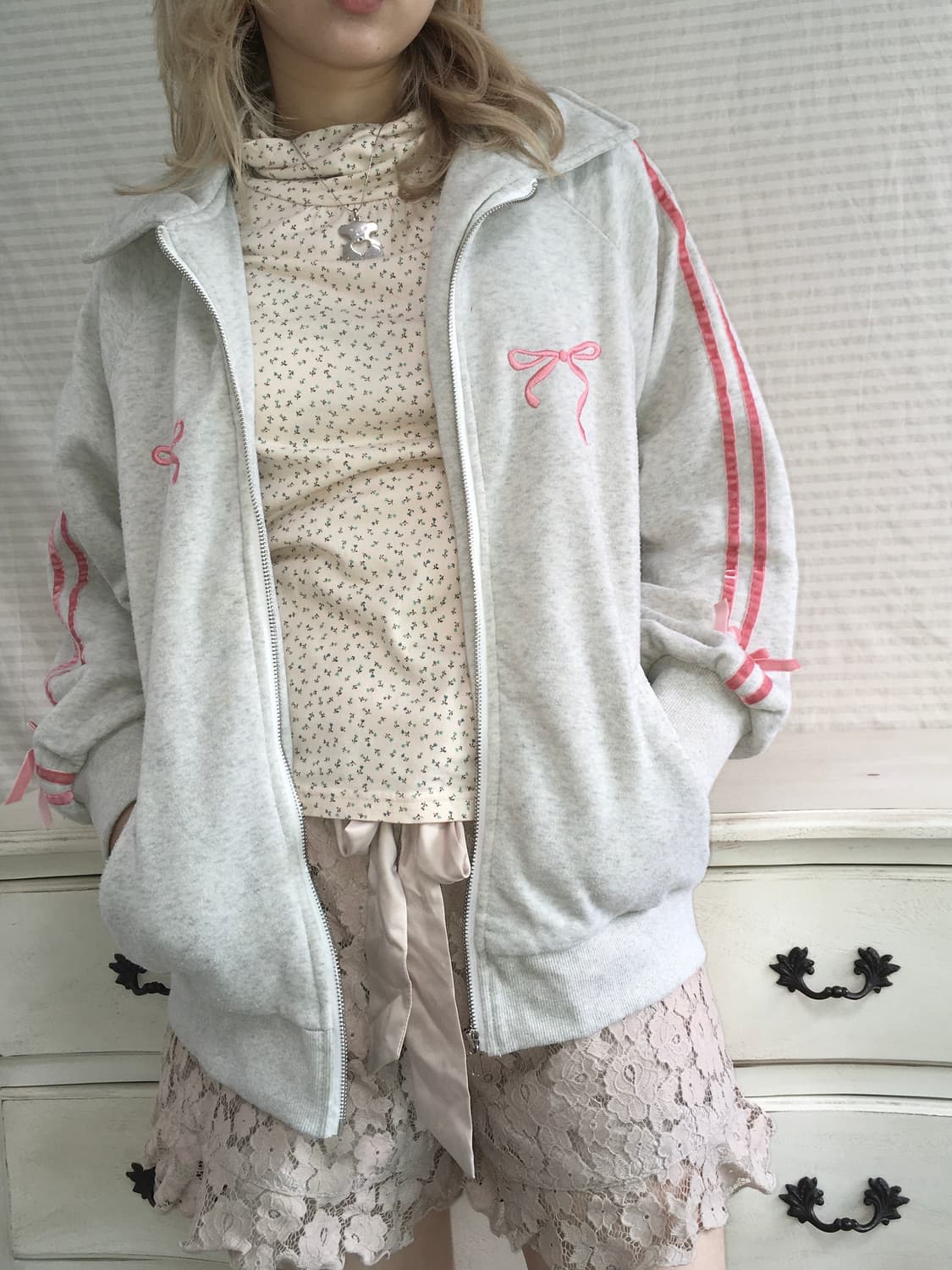 jpn vintage melange gray ribbon velvet j 상품이미지3
