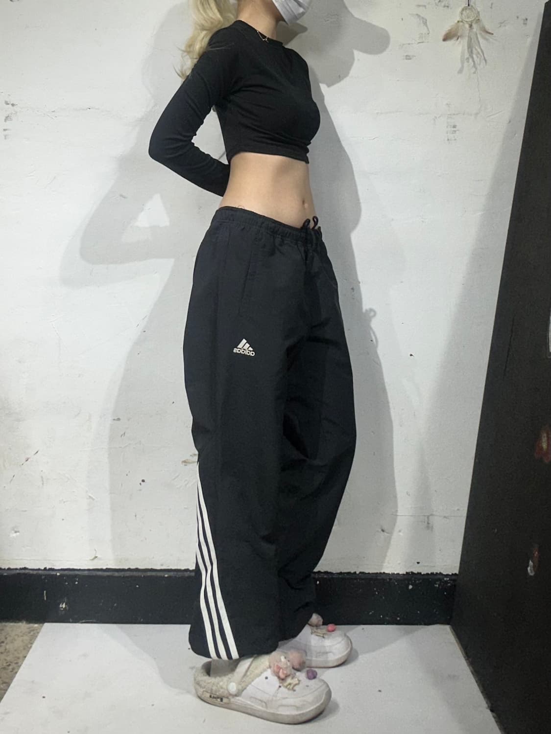 아디다스 블랙 와이드 사선 포인트 화이트 삼선 트랙 팬츠 L 상품이미지1