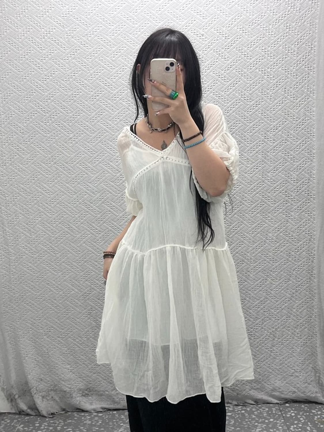 빈티지 여리 폭닥 모리걸 쉬폰 플레어 크림 원피스 L C07930 상품이미지2