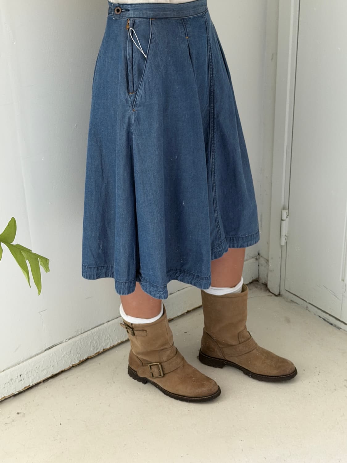 일본빈티지 데님 핀턱 미디스커트 상품이미지2