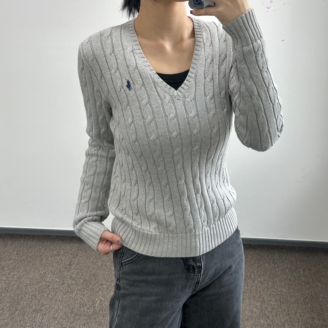 Polo 폴로 네이비포니 베이지 브이넥 케이블 니트 상품이미지2