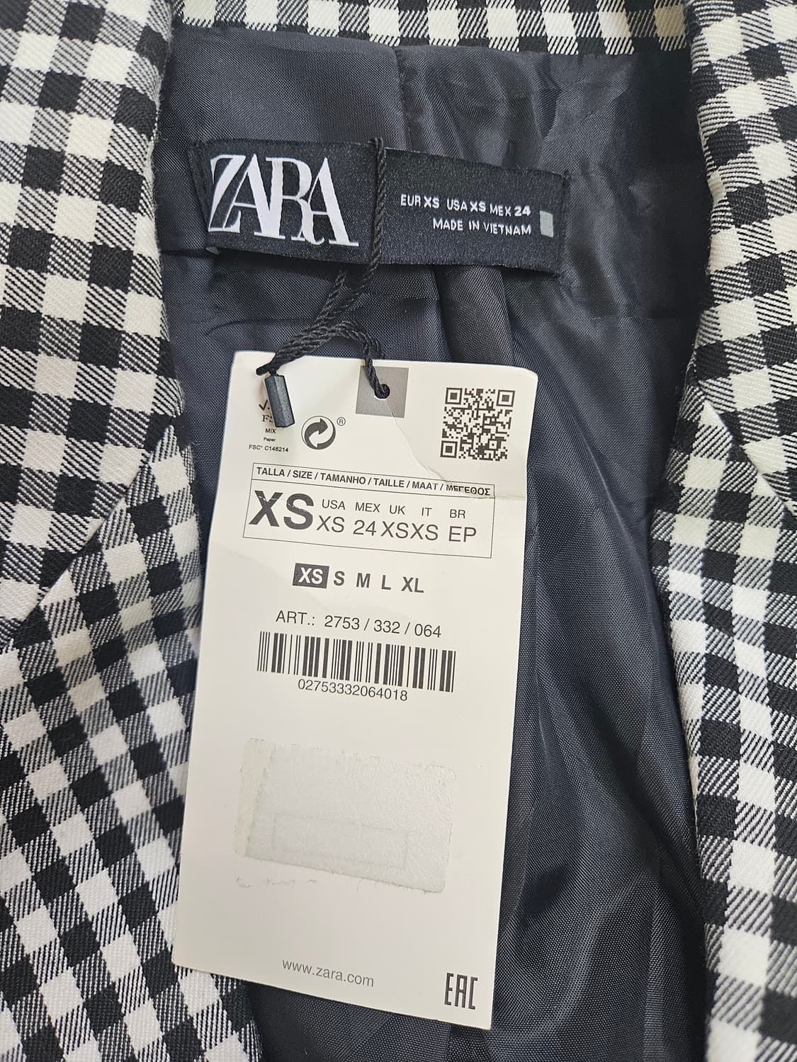 새상품 자라 체크 패턴 더블 버튼 블레이저 XS 상품이미지3