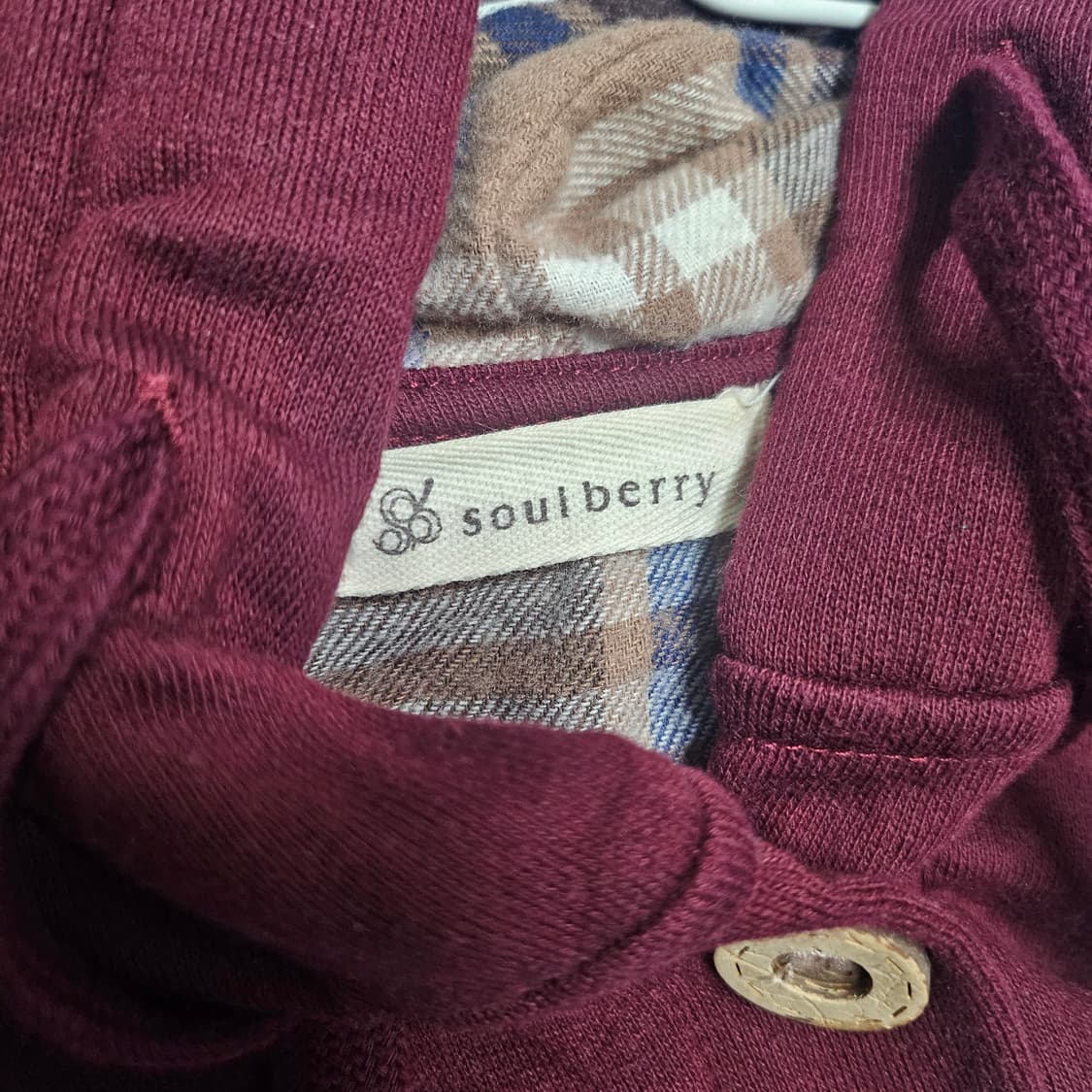 soulberry 후드 체크 우드버튼 가디건 와인 상품이미지4
