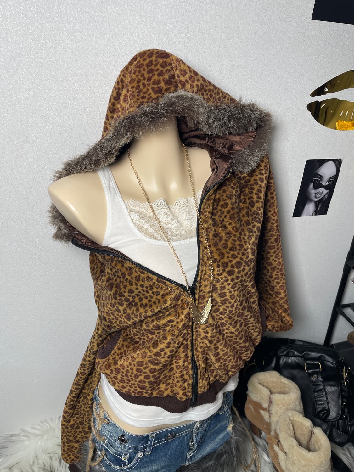 빈티지 호피 퍼 후드집업 갸루 상품이미지2