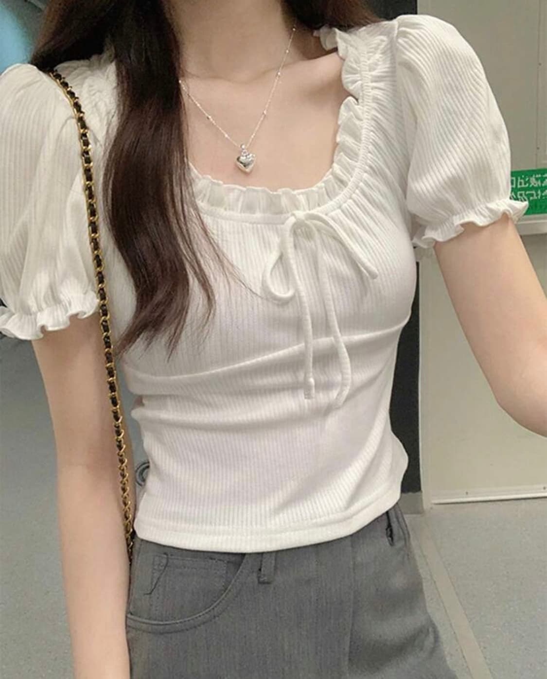 리본 레이스 블라우스 반팔 티  상품이미지1