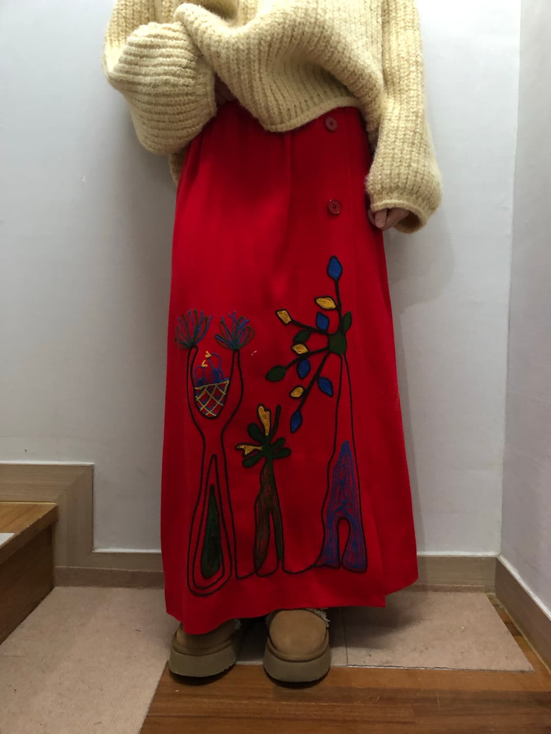 빈티지 레드 오리엔탈 버튼 롱 스커트 상품이미지6